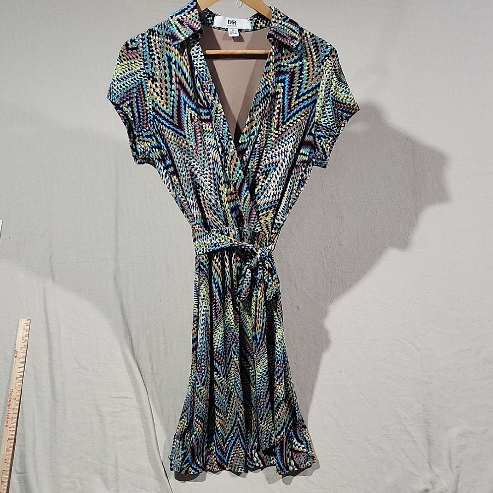 DR Collection Psychedellic Chevron Multicolor Rainbow Faux Wrap Dress Size M‎